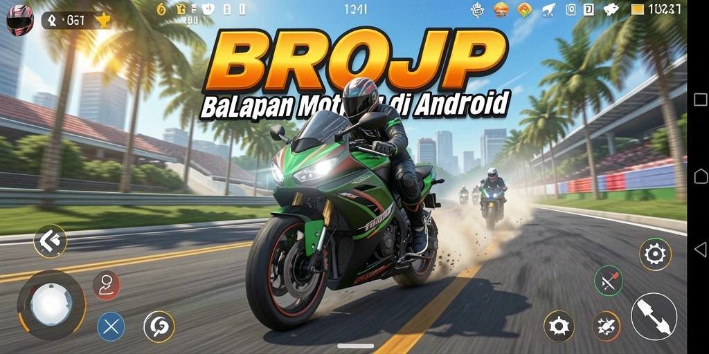 Tangkapan layar gameplay BROJP menampilkan balapan motor yang seru dan penuh aksi.