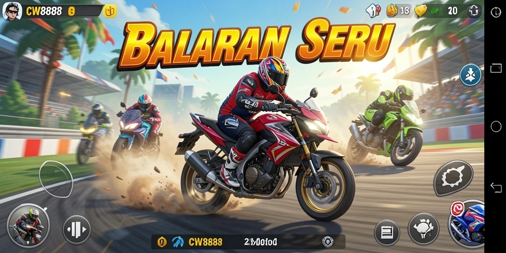 Tampilan gameplay seru dari CW8888 yang menggambarkan balapan motor.