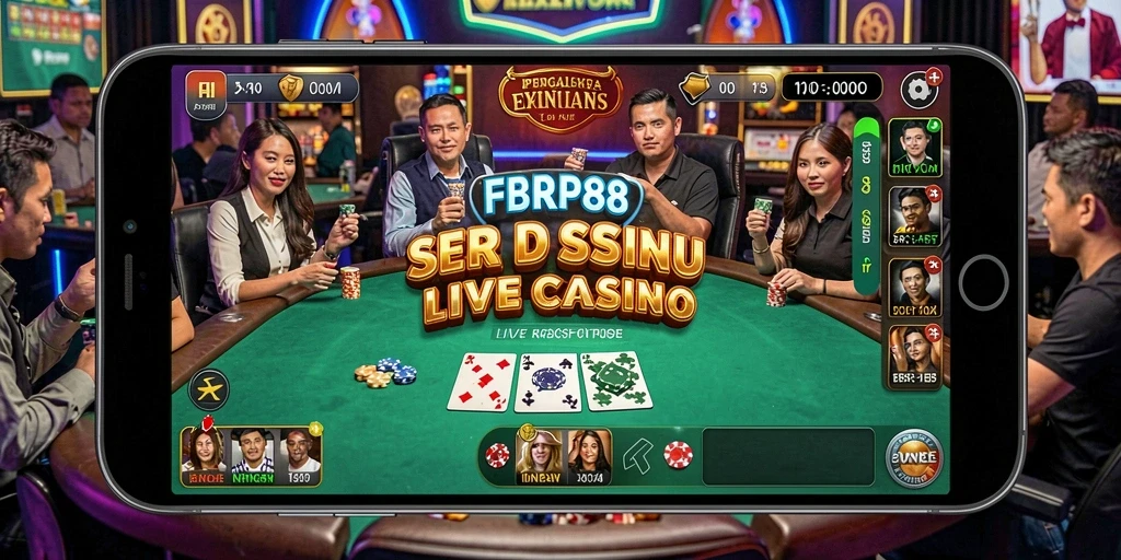 Screenshot gameplay FBRP88 yang menampilkan dealer langsung dan suasana kasino.