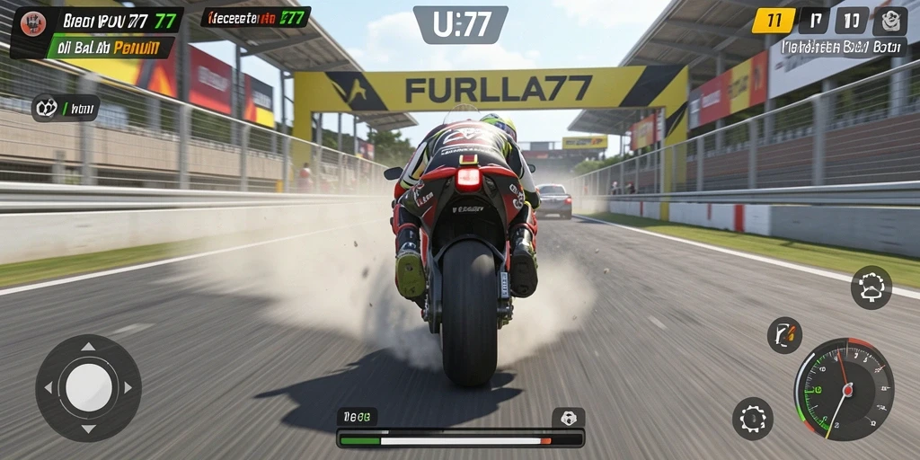 Screenshot gameplay FURLA77 menampilkan balapan motor yang seru dan cepat.