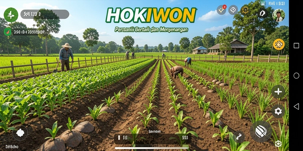 Screenshot gameplay HOKIWON menunjukkan petani merawat ladang yang subur.