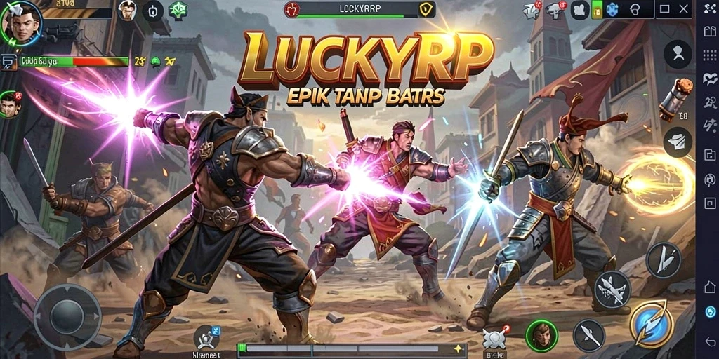 Tampilan permainan LUCKYRP dengan karakter beraksi dalam pertarungan seru.