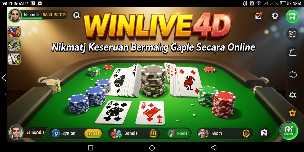 Tampilan gameplay seru dari WINLIVE4D, permainan Gaple yang interaktif.